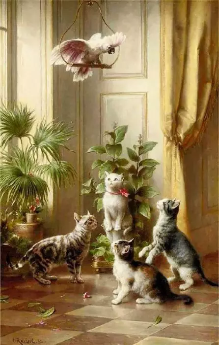Cats and the Cockatoo     by  Carl Reichert    Giclee Canvas Print Repro 