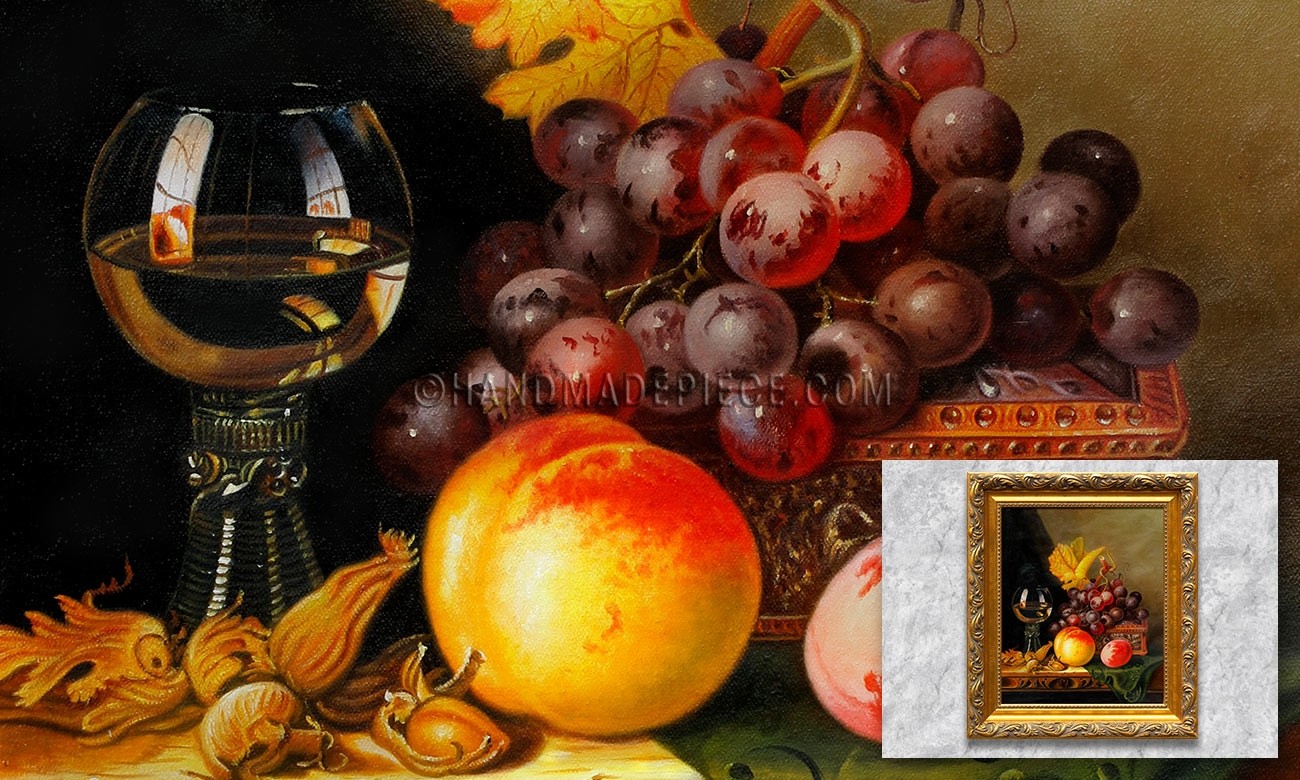 A Still Life of Black Grapes, a Peach, a Plum, Hazelnuts, a Metal Casket and a Wine Glass on a Carved Wooden Ledge